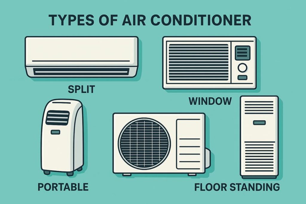 انواع کولر گازی به صورت گرافیکی شامل اسپلیت، پنجره‌ای، پرتابل و ایستاده