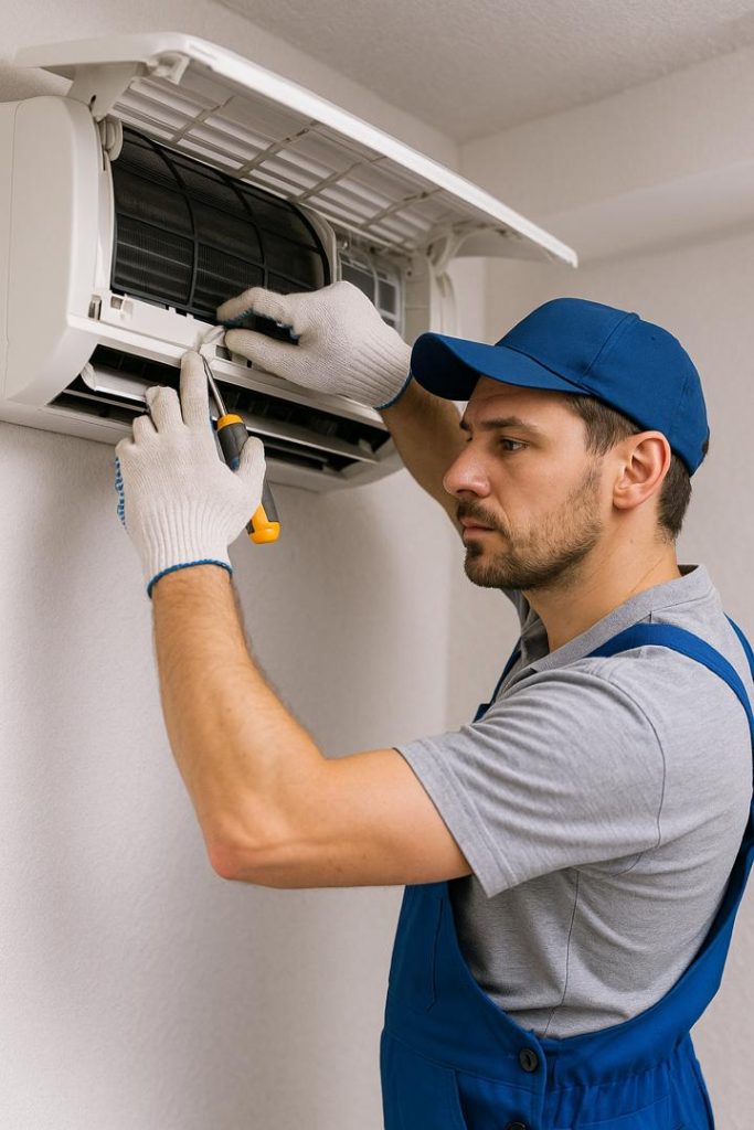 تکنسین در حال سرویس کردن کولرگازی دیواری