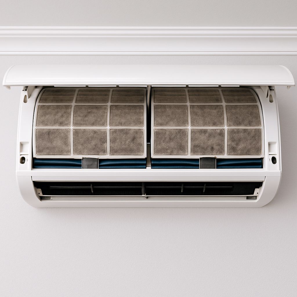 فیلترهای بسیار کثیف کولر گازی دیواری که نیاز به تمیزکاری و سرویس دارند