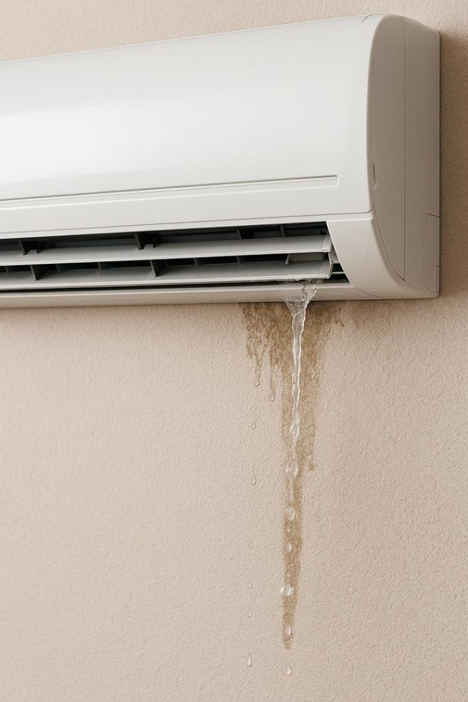 نشتی آب از پنل داخلی کولر گازی دیواری که باعث خیس شدن دیوار شده است
