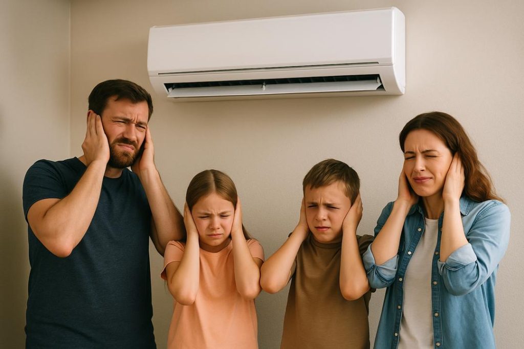 یک خانواده شامل پدر، مادر و دو فرزند جلوی پنل کولر گازی ایستاده‌اند و گوش‌های خود را به دلیل صدای زیاد دستگاه گرفته‌اند