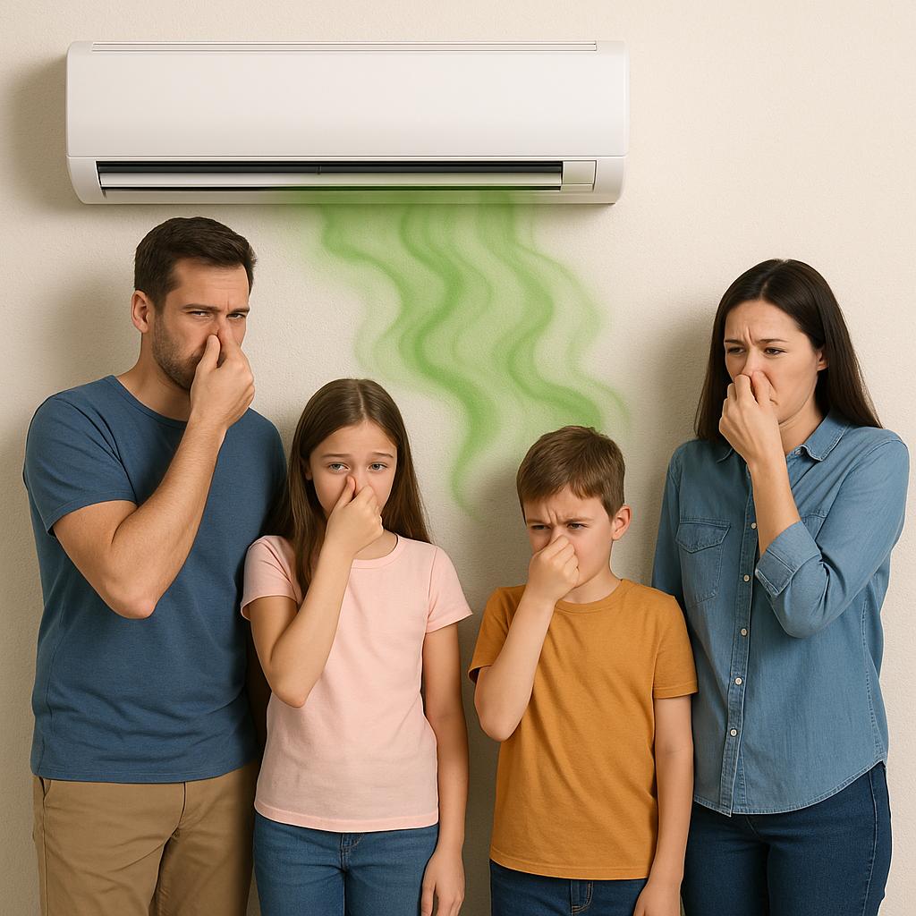 خانواده‌ای چهار نفره که جلوی کولر گازی ایستاده‌اند و به دلیل بوی بد خارج‌شده از دستگاه، بینی خود را گرفته‌اند. بوی سبز رنگ به صورت تصویری از پنل خارج می‌شود.