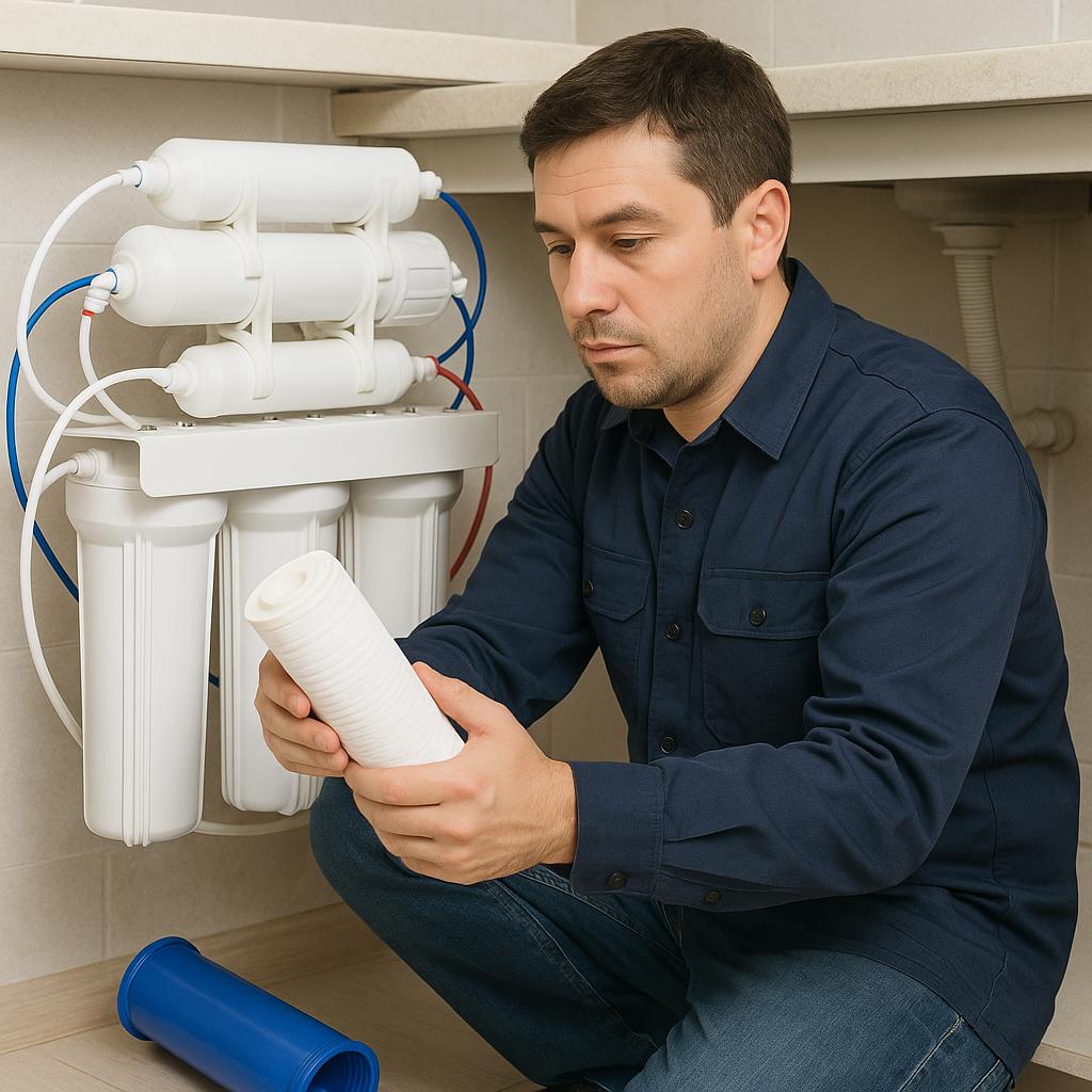 تکنسین با لباس کار ابی تیره در حال تعویض فیلتر دستگاه تصفیه آب خانگی زیر سینک در یک اشپزخانه روشن و تمیز