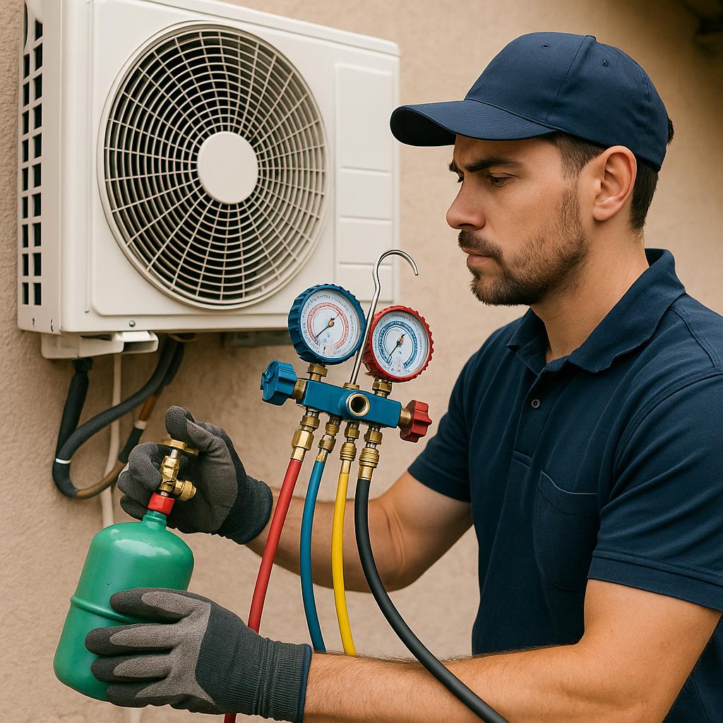 سرویسکار کولرکازی در حال شارژ گاز کمپرسور با استفاده از کپسول مبرد و گیج فشار